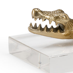 Wildwood Croc Antique Brass Crocodile Figurine On Clear Acrylic Base — Sculptural Mantel Accent, 14.25" Wide 301907