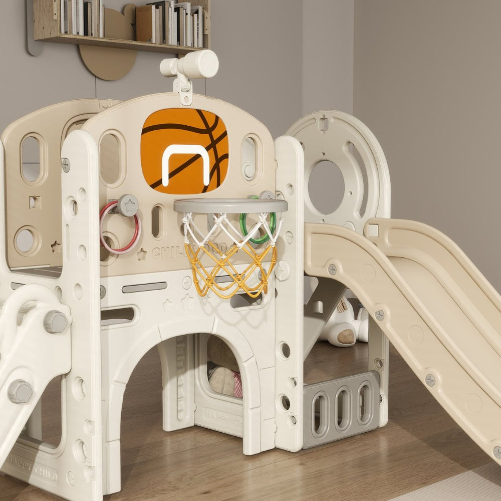 English Elm Qaba Toddler Indoor Playset with Slide Climber Crawl Tunnel and Basketball Hoop W2225P229340