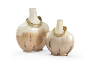 Wildwood Splendour Coastal Vases Set Of 2 — White-Cream Enamel With Shell-Jewelry Neck Trim, Sculptural Decor 301944