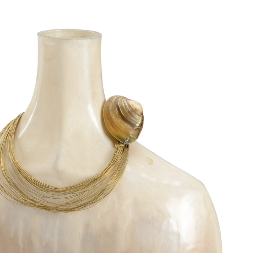 Wildwood Splendour Coastal Vases Set Of 2 — White-Cream Enamel With Shell-Jewelry Neck Trim, Sculptural Decor 301944