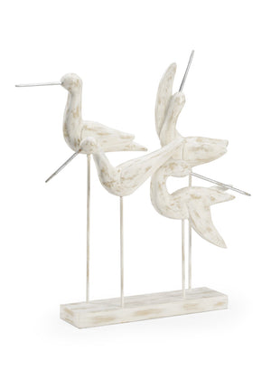 Wildwood Pier Sculptural Mango Wood Birds On Metal Stand — Hand-Carved Whitewash Accent For Mantel, Console Decor 301960