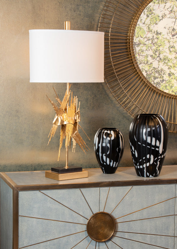 Wildwood Midnight Cut-Glass Vase With Bold Black & White Abstract Motif — Sculptural Accent For Modern Spaces 301964