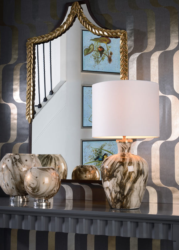 Wildwood Calacatta Marble-Effect Glass Vase With Polished Nickel Base — Elegant Swirled Statement Piece Gold 301976