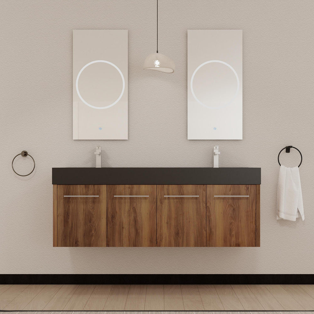English Elm 60 Inch Wall-Mounted Bathroom Vanity With Double Black Resin Sink For Modern Elegance & Functionality W999S00251