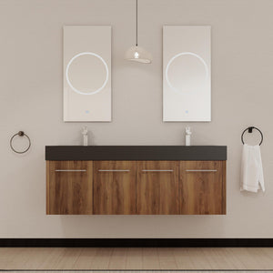 English Elm 60 Inch Wall-Mounted Bathroom Vanity With Double Black Resin Sink For Modern Elegance & Functionality W999S00251
