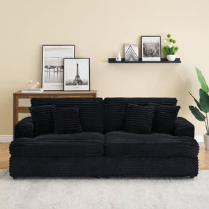English Elm 88.58" corduroy 3-seater sofa with 4 matching throw pillows, sturdy wood frame, modern luxe comfort Black W3356S00005