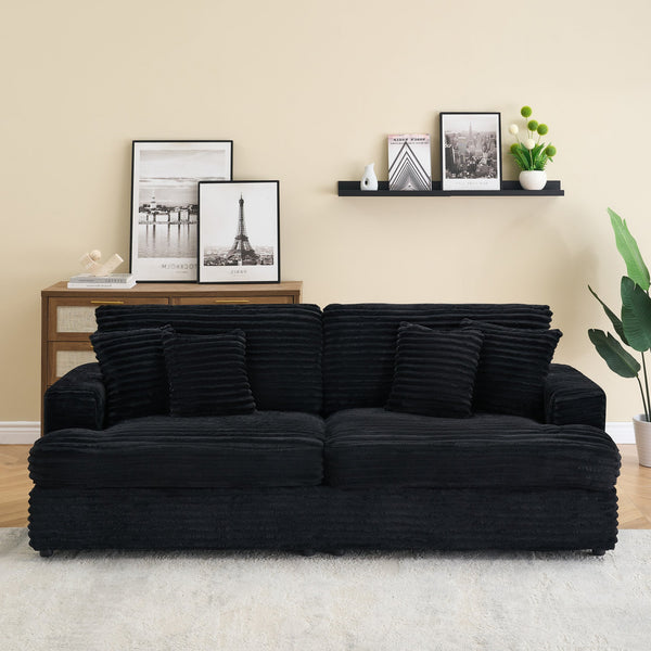English Elm 88.58" corduroy 3-seater sofa with 4 matching throw pillows, sturdy wood frame, modern luxe comfort Black W3356S00005