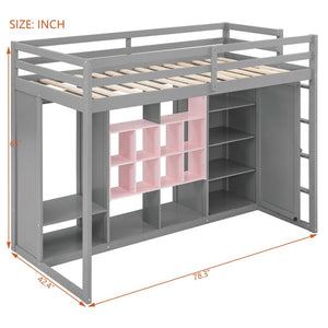 English Elm Twin Loft Bed with Wardrobe Shelves and Cabinet Kids Bedroom Wood Storage Frame Pink+Grey N708S00023E