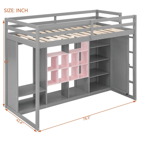 English Elm Twin Loft Bed with Wardrobe Shelves and Cabinet Kids Bedroom Wood Storage Frame Pink+Grey N708S00023E