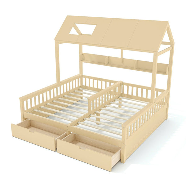 English Elm Double Twin House Bed Pine Wood Frame Kids Playhouse Bunk with Storage Drawers Natural W5305S00007