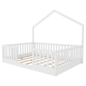 English Elm Twin Montessori Floor Bed House Frame with Led Lighting and Safety Rails for Kids White W2593P440604