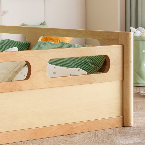 English Elm Twin Low Profile Floor Bed with Guardrails Pine Wood Frame Minimalist Bedroom Natural W1580P438793