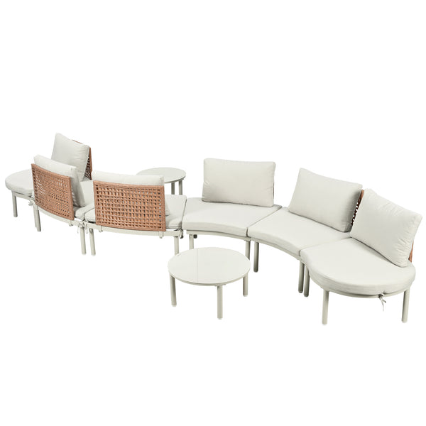 English Elm TOPMAX 8-Piece Patio Sofa Set with Modular Half-Moon Sectionals, Tempered Glass Tables, Cushioned Komfort Beige SP100029AAA