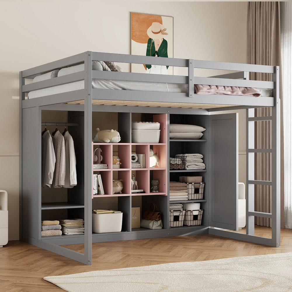 English Elm Twin Loft Bed with Wardrobe Shelves and Cabinet Kids Bedroom Wood Storage Frame Pink+Grey N708S00024E