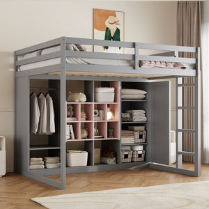 English Elm Twin Loft Bed with Wardrobe Shelves and Cabinet Kids Bedroom Wood Storage Frame Pink+Grey N708S00024E