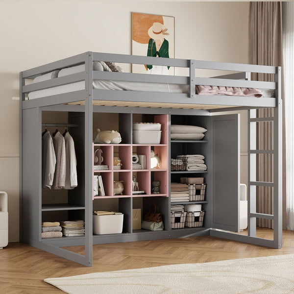 English Elm Twin Loft Bed with Wardrobe Shelves and Cabinet Kids Bedroom Wood Storage Frame Pink+Grey N708S00024E