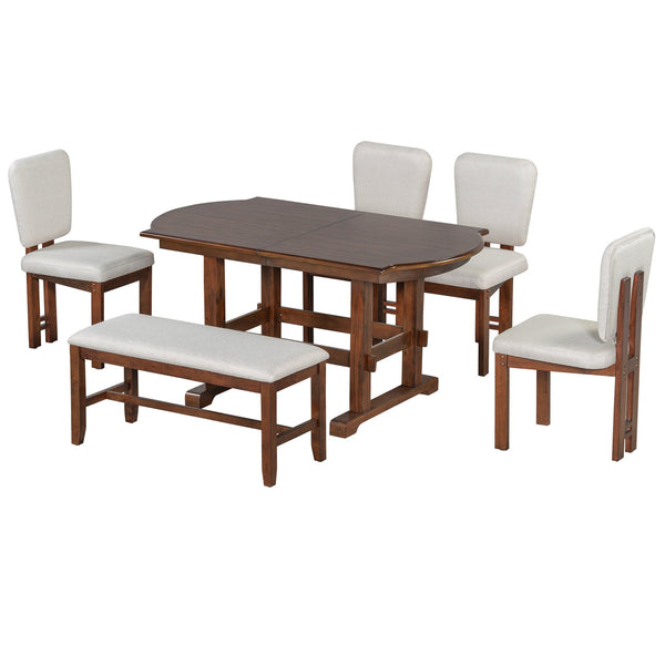 English Elm TOPMAX Solid Wood Extendable Dining Set with 18" Removable Leaf, Bench & 4 Upholstered Chairs, Espresso SP000090AAP
