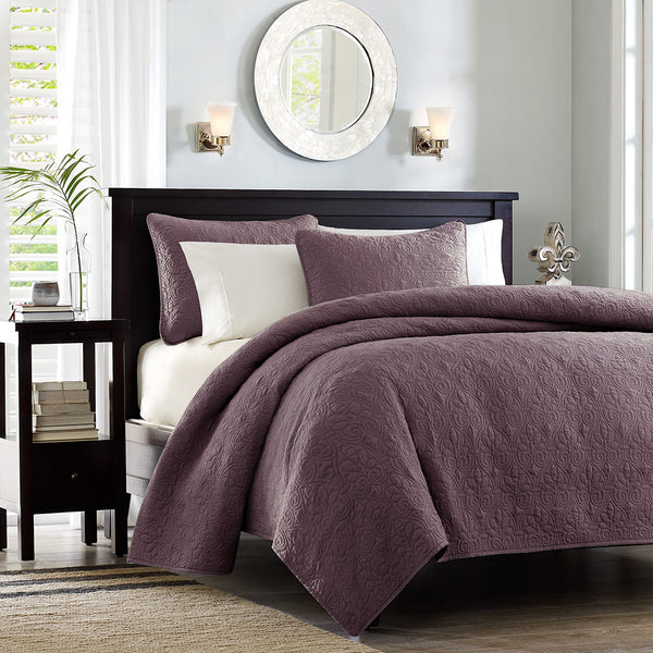 JLA Home Madison Park - 3 Reversible Quilt Set with Textured Stitching, Antimicrobial Cotton Fill for Year-Round Comfort Purple MP13-6150