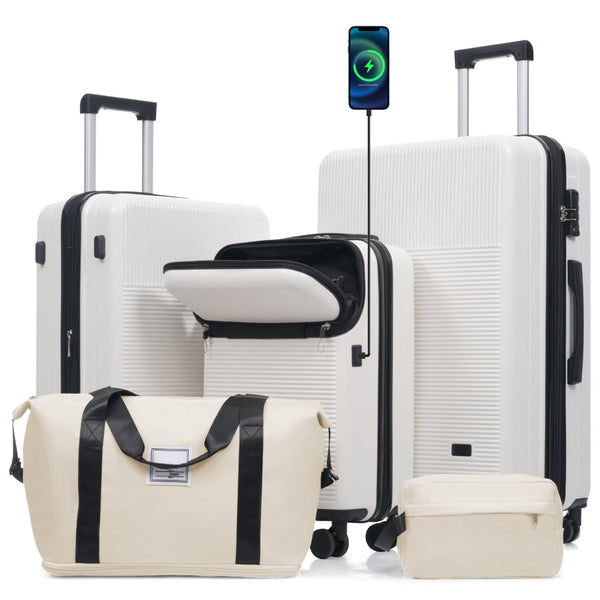 English Elm Luggage 5 Piece Hardside Abs Set with Front Access Carry on and Tsa Spinner Wheels White N732P391579K