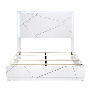 English Elm Glamorous White Lacquer California King Bed with Led Headboard and Geometric Accents B011S02214