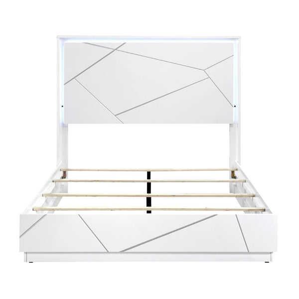 English Elm Glamorous White Lacquer California King Bed with Led Headboard and Geometric Accents B011S02214