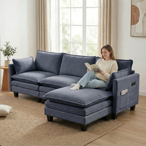 English Elm Modern Chenille Three Seat Sofa with Ottoman Usb Charging Ports and Storage Pockets Blue W2519S00004