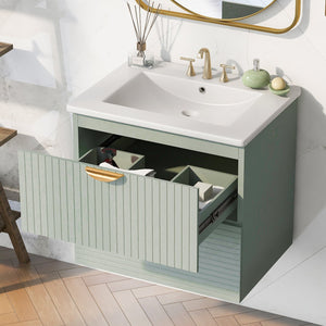 English Elm Modern 24-Inch Wall-Mounted Bathroom Vanity with 2 Drawers, Gold Handles, Space-Saving Luxury Green WF324047AAF
