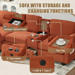 English Elm United Corduroy L-Shaped 4-Seater Sofa With Usb, Cup Holders & Storage Ottoman - Perfect For Apartments! W1568S00225-GIGA