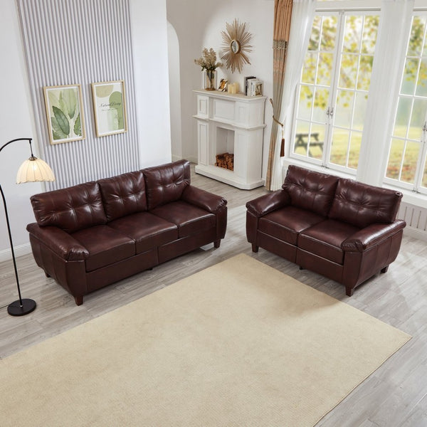 English Elm 2 Piece Pu Leather Sofa Set Tufted Cushions Hidden Storage Modern Living Room Burgundy W1097S00250