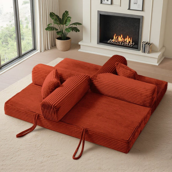 English Elm Compression Foldable Floor Sofa Bed Corduroy Futon with Foam Support for Small Spaces Orange W3716P379191