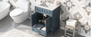 English Elm 24'' Retro Bathroom Vanity Solid Rubberwood Frame Ceramic Sink Soft Close Storage Blue N710P405405C
