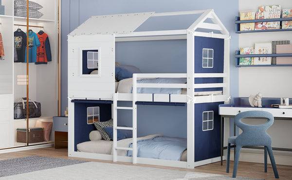 English Elm Twin Treehouse Bunk Bed Solid Pine Playhouse Frame with Cozy Canvas Tent Hideaway LT000379AAC-1