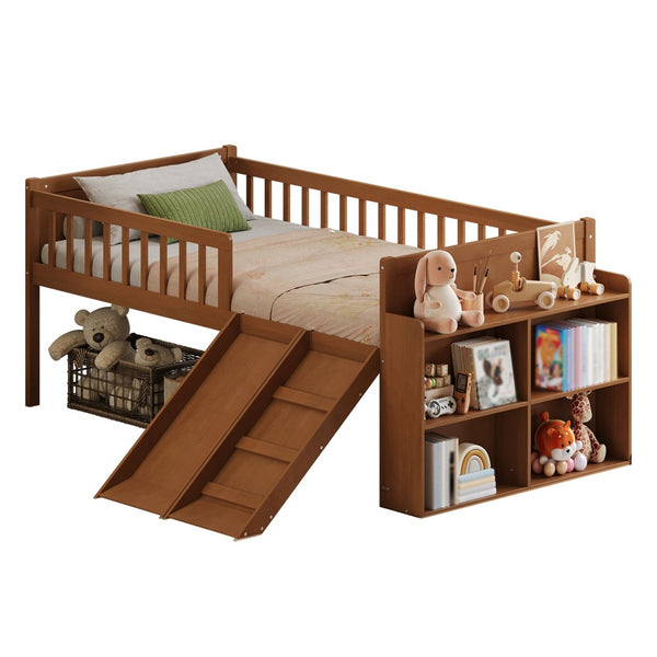 English Elm Twin Platform Kids Bed with Slide Ladder Guardrails Storage Shelf Wood Frame Walnut N733S415411M