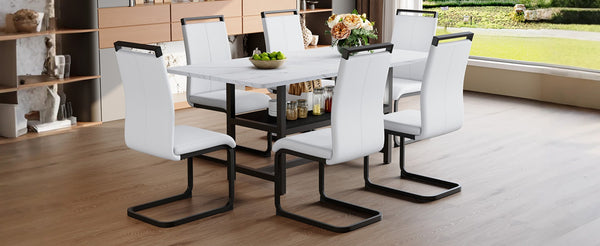 English Elm Table With Storage & 6 White Pu Chairs - Modern Scandinavian Dining Set For Stylish Family Meals W1151S04272-GIGA