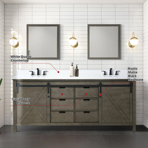 English Elm Rustic Brown Double Bath Vanity 80" W x 22" D with White Quartz, Matte Black Faucets & 30" Mirrors B2731S01078
