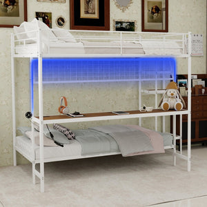 English Elm Full Over Twin Metal Bunk Bed with Desk Led Strip Shelves for Teen Dorm Rooms Ancient White W1935S00010