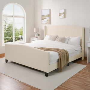 English Elm King Teddy Velvet Platform Bed Tall Upholstered Headboard Solid Wood Legs Modern W1716P335672