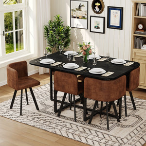 English Elm 7 Piece Rectangular Dining Set with Suede Chairs Black Wood Grain Table Modern Rustic W3875S00097