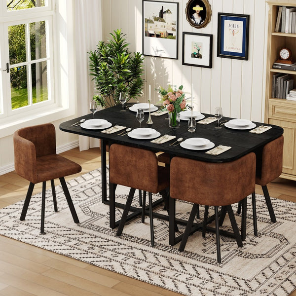 English Elm 7 Piece Rectangular Dining Set with Suede Chairs Black Wood Grain Table Modern Rustic W3875S00097