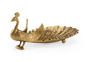 Wildwood Peacock Decorative Dish In Antique Brass Finish — Detailed Aluminum Peacock Accent For Shelves, Console 302050