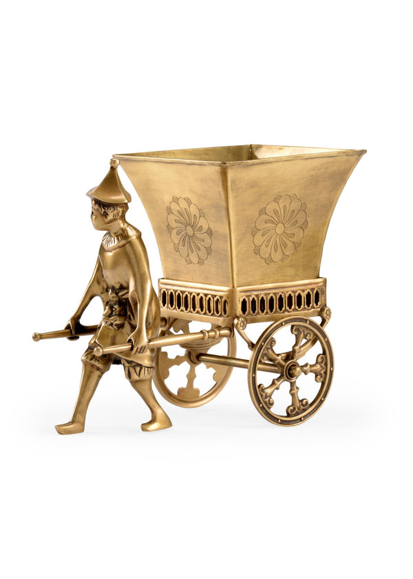 Wildwood Coolio Antique Brass Cart Planter With Boy Figurine, Floral Motif, Compact Tabletop Accent For Home Decor (98) 302052