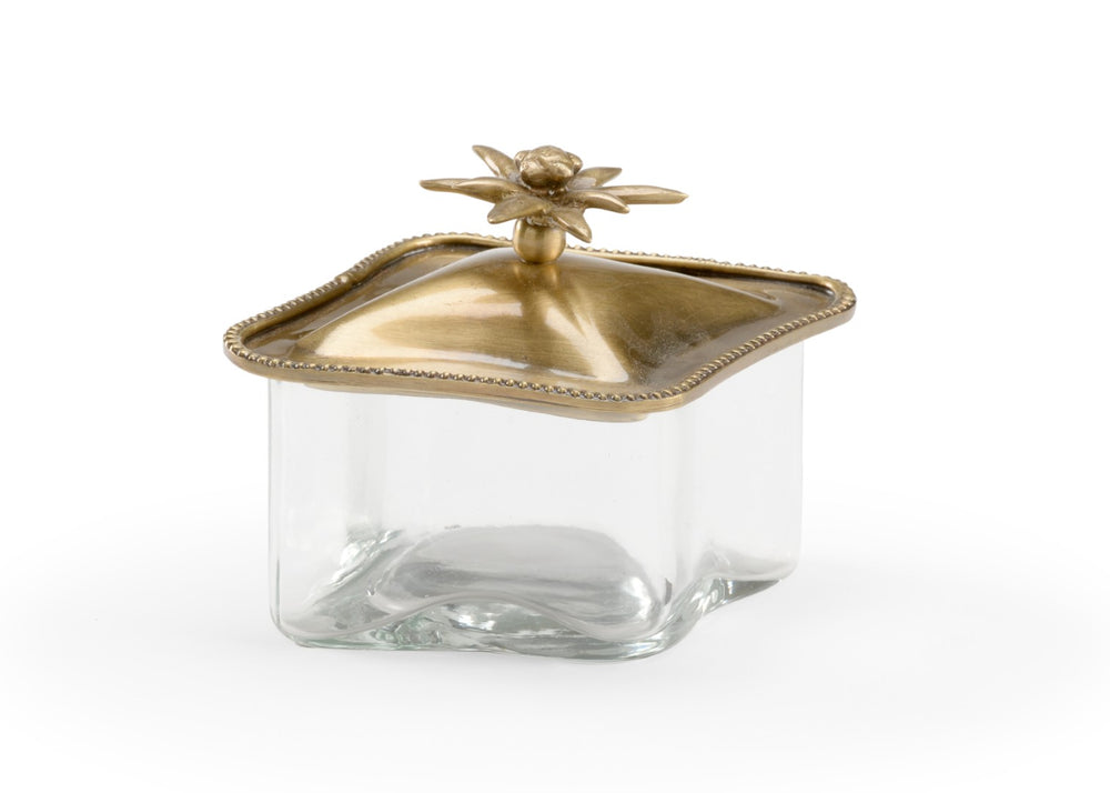 Wildwood Gladys Handcrafted Glass Box With Antique Brass Lid, Sculpted Flower & Rope Trim For Jewelry Storage 302055