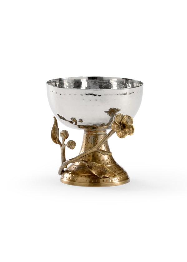 Wildwood Fresh Hammered Stem Bowl Small — Sculptural Orchid Accent On Antique Brass Pedestal, Polished Metal Elegance 302056