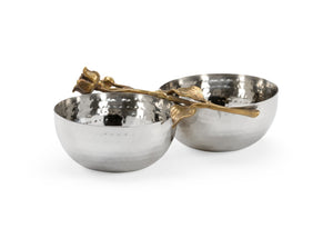 Wildwood Fresh Hammered Double Bowl With Antique Brass Orchid Accent — Polished Nickel Finish Decorative Catch-All For Console Or Table (2.5"X8.25"X5") 302057