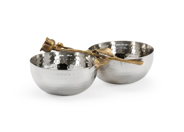 Wildwood Fresh Hammered Double Bowl With Antique Brass Orchid Accent — Polished Nickel Finish Decorative Catch-All For Console Or Table (2.5"X8.25"X5") 302057