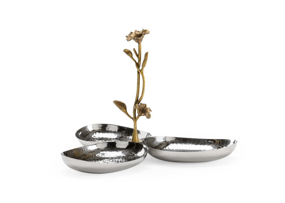 Wildwood Fresh Hammered Triple Bowl With Antique Brass Orchid Handle — Sculptural Tabletop Organizer For Jewelry, Keys, Vanity Decor (8X12in) 302058