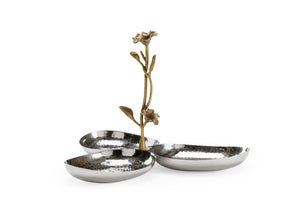 Wildwood Fresh Hammered Triple Bowl With Antique Brass Orchid Handle — Sculptural Tabletop Organizer For Jewelry, Keys, Vanity Decor (8X12in) 302058