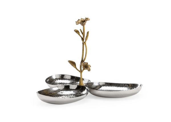 Wildwood Fresh Hammered Triple Bowl With Antique Brass Orchid Handle — Sculptural Tabletop Organizer For Jewelry, Keys, Vanity Decor (8X12in) 302058