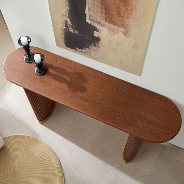 English Elm Length 59 Inch Mdf Wood Veneer Console Table Brushed Gold Steel Base Modern Entryway Brown W2582P406098