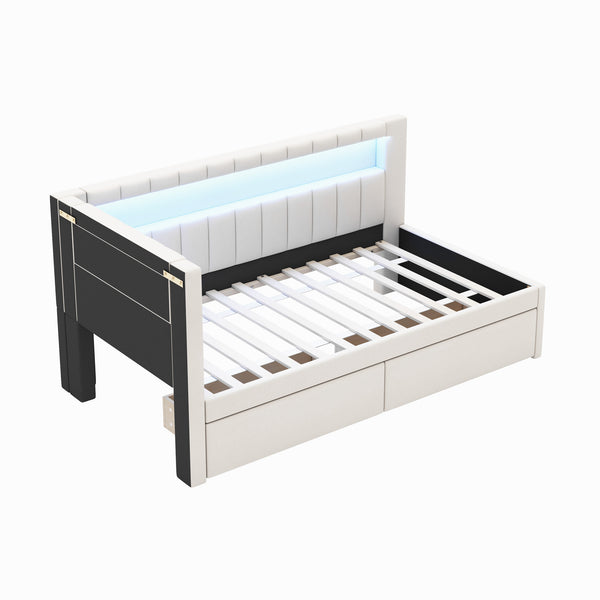 English Elm Upholstered Twin Platform Bed with USB Ports, LED Light Belt, Linen Backrest & 2 Storage Drawers White DL001926AAK